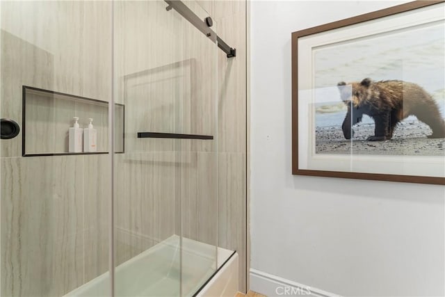 1019 Pintail Cir, Lake Arrowhead, CA 92352 - bathroom featuring bath / shower combo with glass door and baseboards
