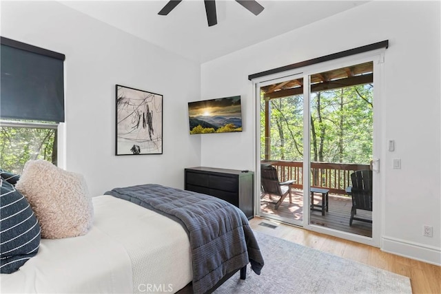 1019 Pintail Cir, Lake Arrowhead, CA 92352 - bedroom featuring wood finished floors, access to exterior, and ceiling fan