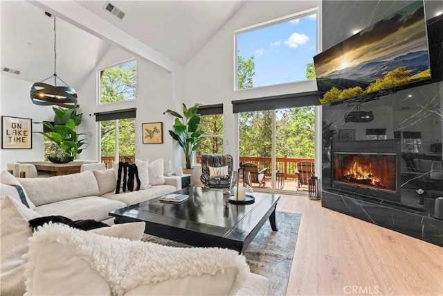 1019 Pintail Cir, Lake Arrowhead, CA 92352 - living area featuring high vaulted ceiling, wood finished floors, and a large fireplace