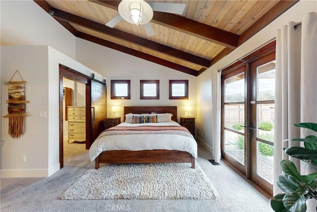 2289 Falcon Ridge Ln, Los Osos, CA 93402 - bedroom with light colored carpet, access to outside, french doors, a barn door, and wooden ceiling