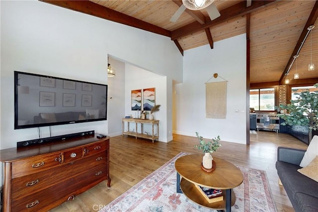 2289 Falcon Ridge Ln, Los Osos, CA 93402 - living room featuring a wood ceiling with exposed beams, a ceiling fan, wood finished floors, and high vaulted ceiling