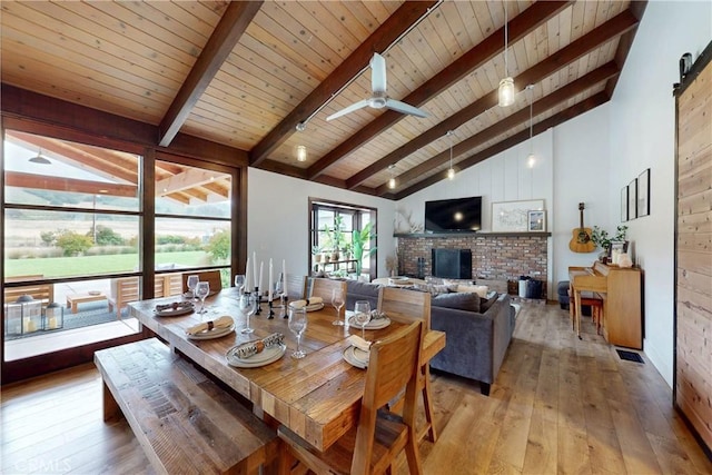 2289 Falcon Ridge Ln, Los Osos, CA 93402 - dining area featuring a wooden ceiling with exposed beams, a fireplace, light wood-type flooring, high vaulted ceiling, and ceiling fan