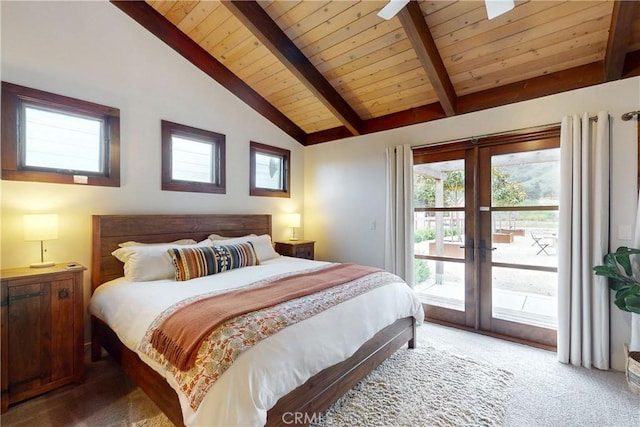 2289 Falcon Ridge Ln, Los Osos, CA 93402 - bedroom featuring french doors, access to exterior, light carpet, and wooden ceiling