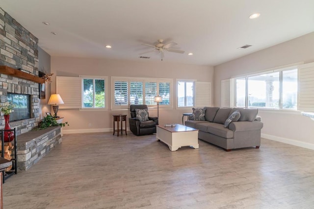 30646 Red Hawk Rd, Valley Center, CA 92082 - living room with a ceiling fan, wood finished floors, recessed lighting, and a fireplace