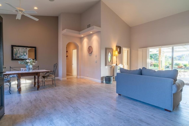 30646 Red Hawk Rd, Valley Center, CA 92082 - living room with high vaulted ceiling, arched walkways, a ceiling fan, wood finished floors, and recessed lighting