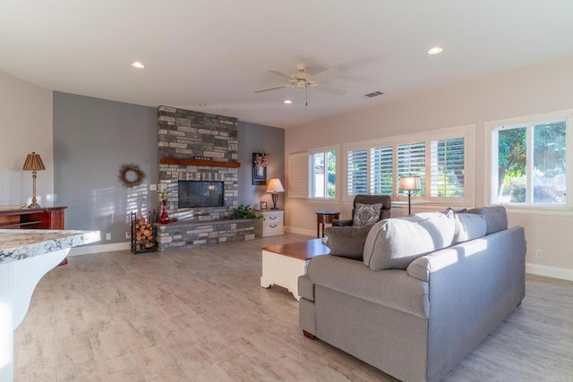 30646 Red Hawk Rd, Valley Center, CA 92082 - living area featuring a fireplace, recessed lighting, a ceiling fan, and light wood finished floors