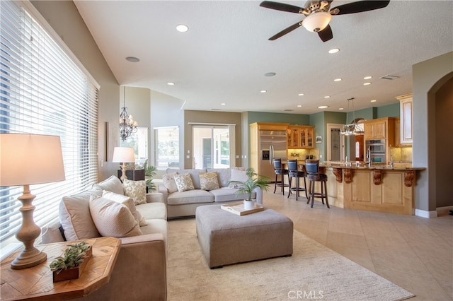 41380 La Sierra Rd, Temecula, CA 92591 - living area featuring ceiling fan, a chandelier, recessed lighting, and light tile patterned floors