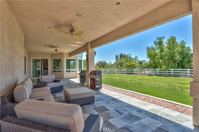 41380 La Sierra Rd, Temecula, CA 92591 - view of patio with ceiling fan, area for grilling, and an outdoor hangout area