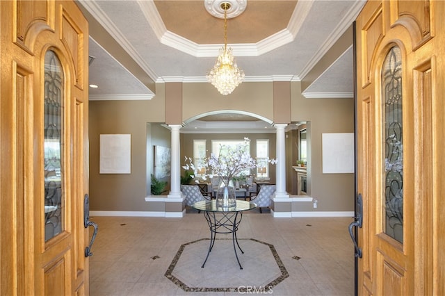 41380 La Sierra Rd, Temecula, CA 92591 - foyer featuring decorative columns, baseboards, light tile patterned floors, and crown molding