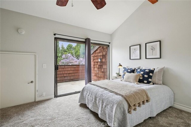 2787 Pine Creek Cir, Fullerton, CA 92835 - bedroom with carpet, access to outside, a ceiling fan, baseboards, and high vaulted ceiling