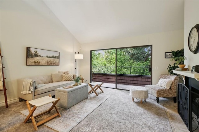 2787 Pine Creek Cir, Fullerton, CA 92835 - living room featuring high vaulted ceiling and light carpet