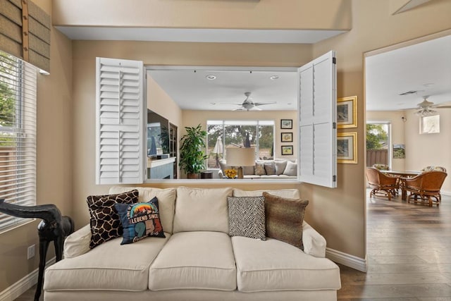 11964 Ashley Pl, San Diego, CA 92128 - living room with a ceiling fan, wood finished floors, plenty of natural light, and recessed lighting