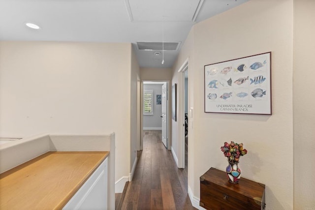 11964 Ashley Pl, San Diego, CA 92128 - hall featuring attic access, dark wood finished floors, and recessed lighting
