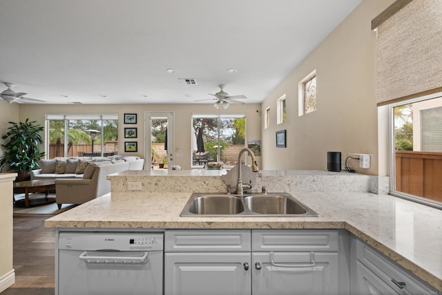11964 Ashley Pl, San Diego, CA 92128 - kitchen featuring dishwasher, a ceiling fan, open floor plan, plenty of natural light, and recessed lighting