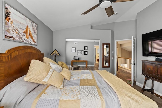 11964 Ashley Pl, San Diego, CA 92128 - bedroom featuring wood finished floors, lofted ceiling, and a ceiling fan