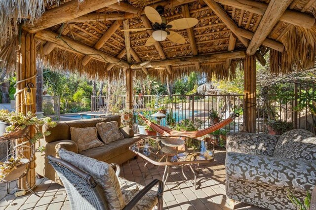 10880 Hess Dr, La Mesa, CA 91941 - view of patio / terrace featuring a gazebo, a ceiling fan, and an outdoor hangout area