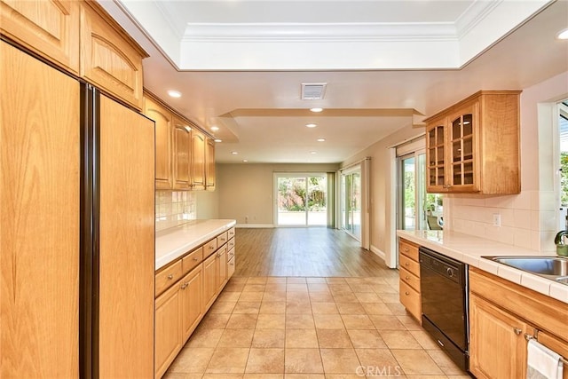 2108 Via Caliente, Fullerton, CA 92833 - kitchen with dishwasher, a tray ceiling, tasteful backsplash, glass insert cabinets, and recessed lighting