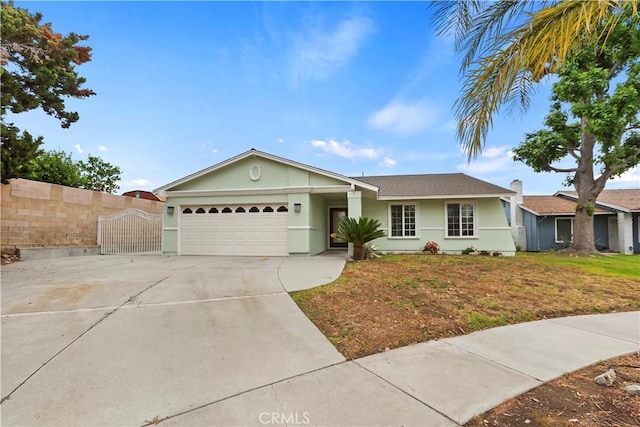 7605 Pasito Ave, Rancho Cucamonga, CA 91730 - ranch-style home featuring an attached garage, concrete driveway, stucco siding, and a gate