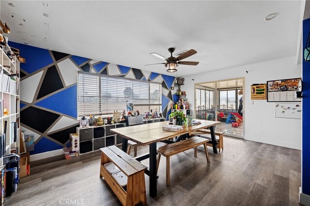 18251 Hiawatha Rd, Apple Valley, CA 92307 - dining space with wood finished floors, ceiling fan, and baseboards