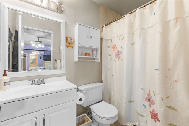 44682 La Paz Rd, Temecula, CA 92592 - bathroom featuring vanity, ceiling fan, and a shower with shower curtain
