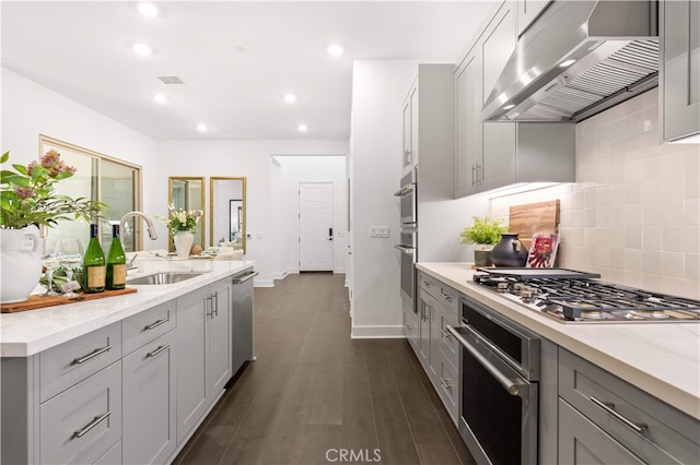 149 Great Park Blvd, Irvine, CA 92618 - kitchen with exhaust hood, gray cabinets, a sink, appliances with stainless steel finishes, and decorative backsplash