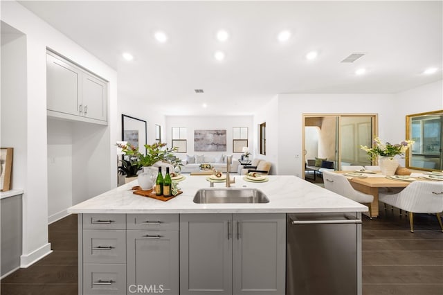 149 Great Park Blvd, Irvine, CA 92618 - kitchen featuring gray cabinetry, a sink, open floor plan, light stone countertops, and stainless steel dishwasher