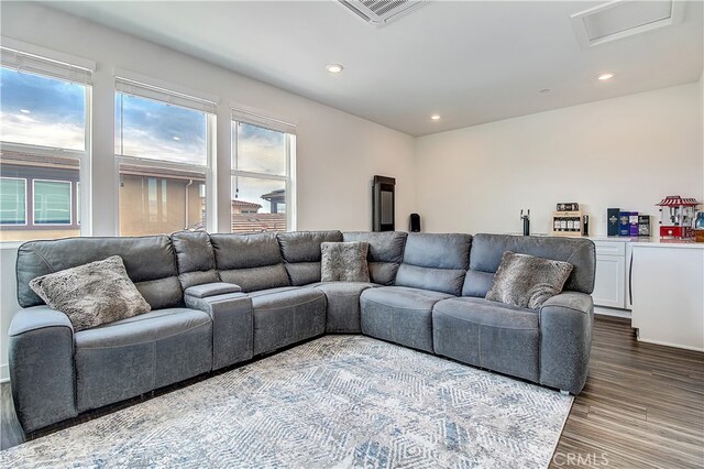 261 Siena, Lake Forest, CA 92630 - living room featuring dark wood finished floors, recessed lighting, and attic access