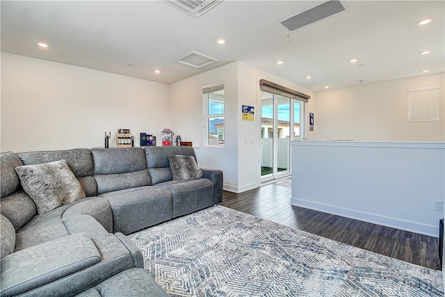 261 Siena, Lake Forest, CA 92630 - living area featuring dark wood-style flooring, baseboards, recessed lighting, and attic access