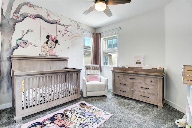 261 Siena, Lake Forest, CA 92630 - bedroom with carpet, a crib, baseboards, and ceiling fan