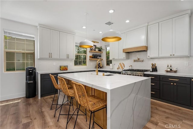 40 Lomada St, Rancho Mission Viejo, CA 92694 - kitchen with custom range hood, decorative backsplash, wood finished floors, light stone counters, and recessed lighting