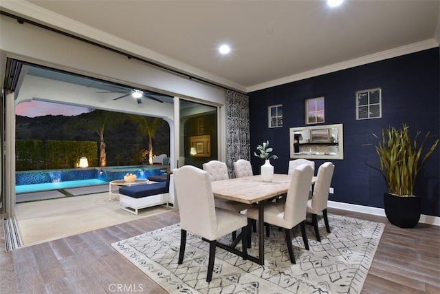 23942 Schoenborn St, West Hills, CA 91304 - dining room with wood finished floors, ornamental molding, ceiling fan, recessed lighting, and baseboards