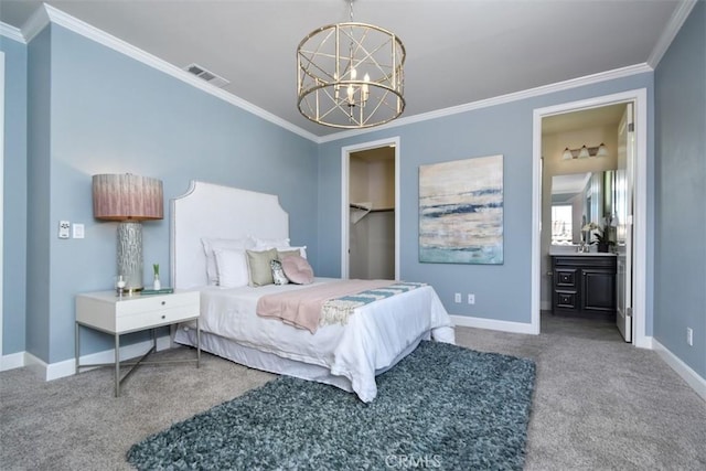23942 Schoenborn St, West Hills, CA 91304 - bedroom with carpet flooring, crown molding, a chandelier, and baseboards