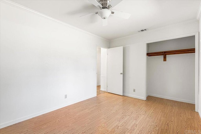 1105 Via Prado, Fallbrook, CA 92028 - unfurnished bedroom with wood finished floors, crown molding, a closet, baseboards, and ceiling fan