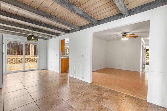 1105 Via Prado, Fallbrook, CA 92028 - spare room featuring ceiling fan, wood ceiling with exposed beams, and wainscoting
