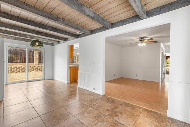 1105 Via Prado, Fallbrook, CA 92028 - empty room with ceiling fan, a wood ceiling with exposed beams, and a wainscoted wall