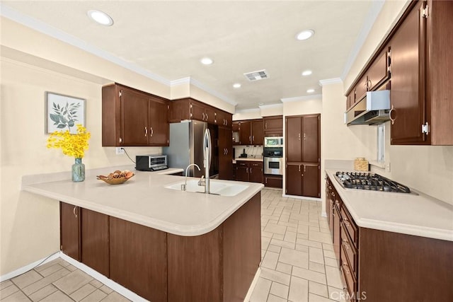 1020 S Montezuma Way, West Covina, CA 91791 - kitchen with appliances with stainless steel finishes, range hood, a peninsula, light countertops, and recessed lighting