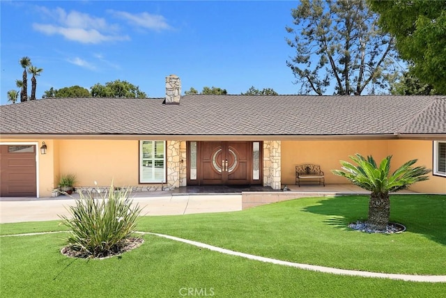 1020 S Montezuma Way, West Covina, CA 91791 - ranch-style home with stucco siding, a front lawn, driveway, a garage, and a chimney