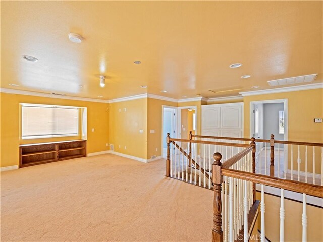 26775 Lakeview, Helendale, CA 92342 - hallway featuring an upstairs landing, light colored carpet, ornamental molding, baseboards, and recessed lighting