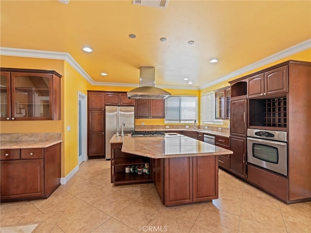 26775 Lakeview, Helendale, CA 92342 - kitchen with appliances with stainless steel finishes, open shelves, island exhaust hood, a sink, and a kitchen island