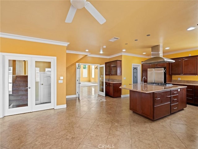 26775 Lakeview, Helendale, CA 92342 - kitchen featuring island range hood, stainless steel appliances, french doors, an island with sink, and a ceiling fan