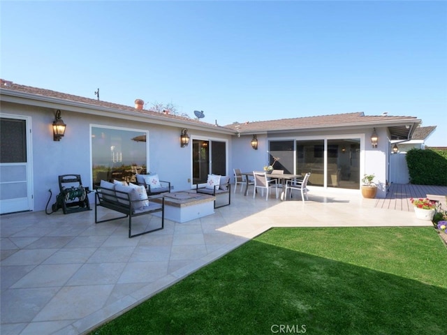 3226 Corinna Dr, Rancho Palos Verdes, CA 90275 - back of property with an outdoor hangout area, stucco siding, a yard, a patio area, and a wooden deck