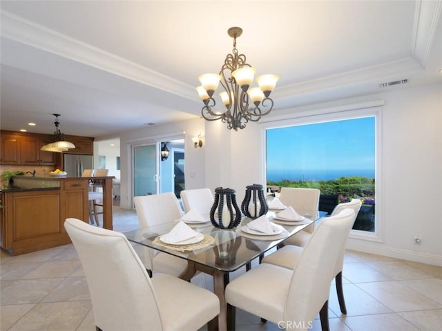 3226 Corinna Dr, Rancho Palos Verdes, CA 90275 - dining area with crown molding, a chandelier, light tile patterned floors, and baseboards