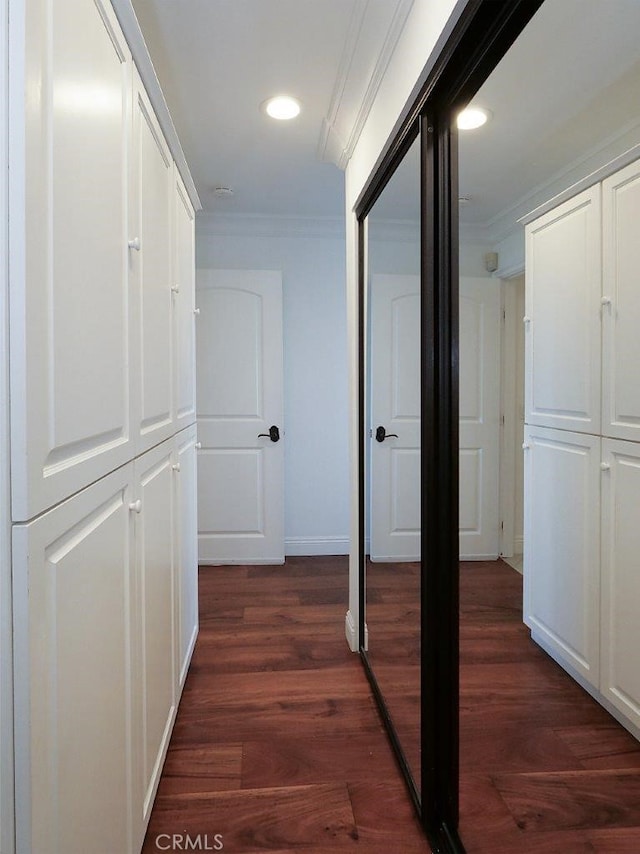 3226 Corinna Dr, Rancho Palos Verdes, CA 90275 - corridor with crown molding, recessed lighting, dark wood finished floors, and baseboards