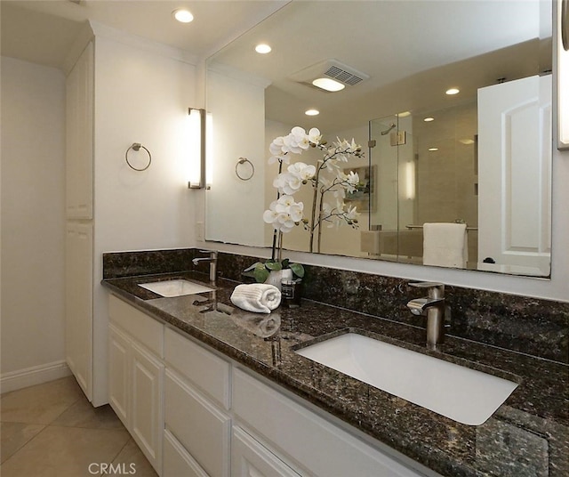 3226 Corinna Dr, Rancho Palos Verdes, CA 90275 - bathroom featuring double vanity, a shower stall, tile patterned floors, recessed lighting, and baseboards