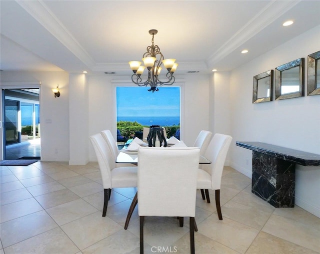 3226 Corinna Dr, Rancho Palos Verdes, CA 90275 - dining room with a chandelier, a raised ceiling, ornamental molding, recessed lighting, and light tile patterned floors