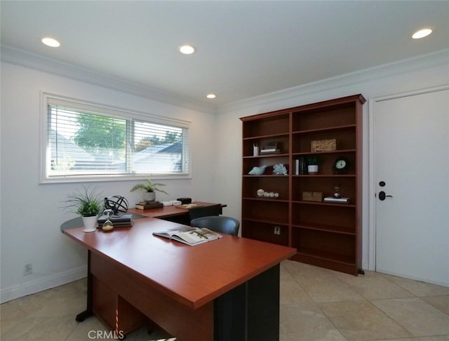 3226 Corinna Dr, Rancho Palos Verdes, CA 90275 - home office featuring crown molding, recessed lighting, and light tile patterned floors