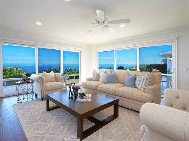 3226 Corinna Dr, Rancho Palos Verdes, CA 90275 - living room featuring light wood-style floors, ceiling fan, recessed lighting, and ornamental molding