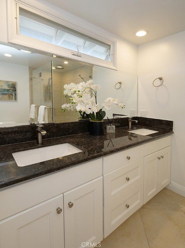 3226 Corinna Dr, Rancho Palos Verdes, CA 90275 - full bathroom featuring double vanity, a shower with door, and tile patterned floors