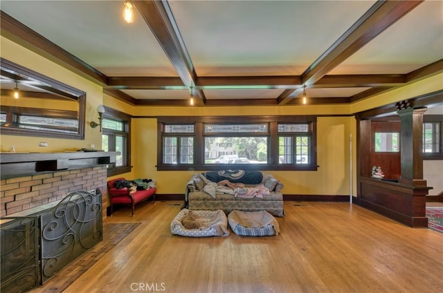 208 Highland Pl, Monrovia, CA 91016 - living area featuring baseboards, wood finished floors, beamed ceiling, and coffered ceiling