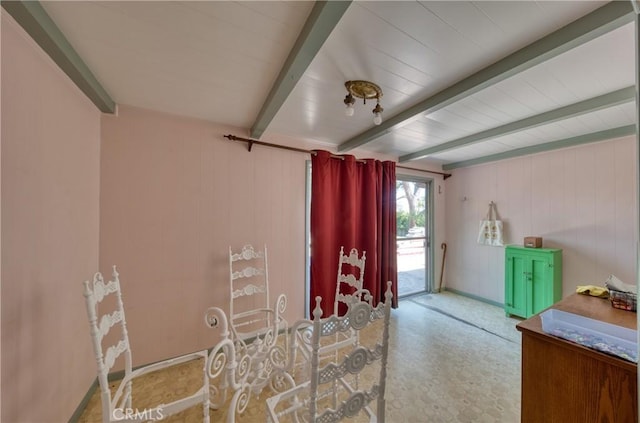 208 Highland Pl, Monrovia, CA 91016 - dining space with beamed ceiling and wooden walls